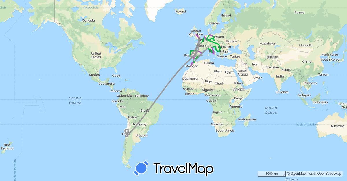 TravelMap itinerary: driving, bus, plane, train in Austria, Belgium, Chile, Czech Republic, Germany, Spain, France, United Kingdom, Croatia, Hungary, Italy, Morocco, Montenegro, Netherlands, Portugal, Serbia, Slovenia (Africa, Europe, South America)