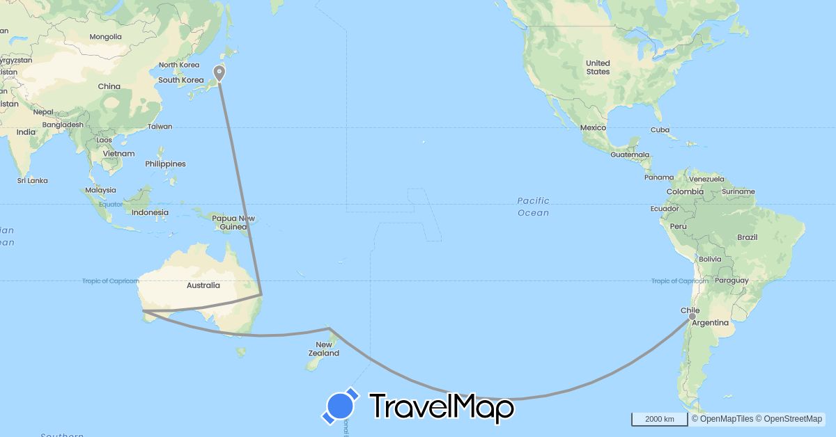 TravelMap itinerary: driving, plane in Australia, Chile, Japan, New Zealand (Asia, Oceania, South America)